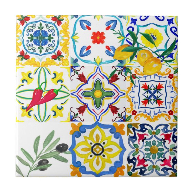 Mediterranean tiles,olives,chilli peppers,lemons  tile (Front)