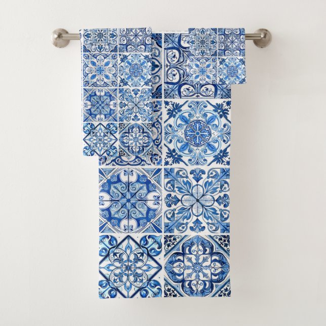 Mediterranean Tiles, Portugese, Azulejo, Majolica Bath Towel Set (Insitu)