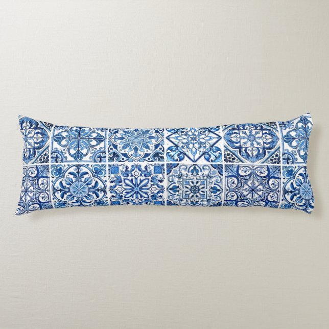 Mediterranean Tiles, Portugese, Azulejo, Majolica Body Pillow (Front)