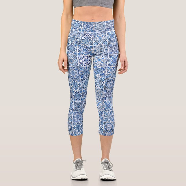 Mediterranean Tiles, Portugese, Azulejo, Majolica Capri Leggings (Front)