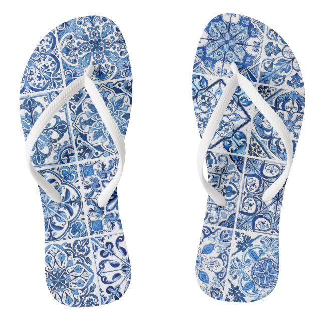 Mediterranean Tiles, Portugese, Azulejo, Majolica Flip Flops (Footbed)