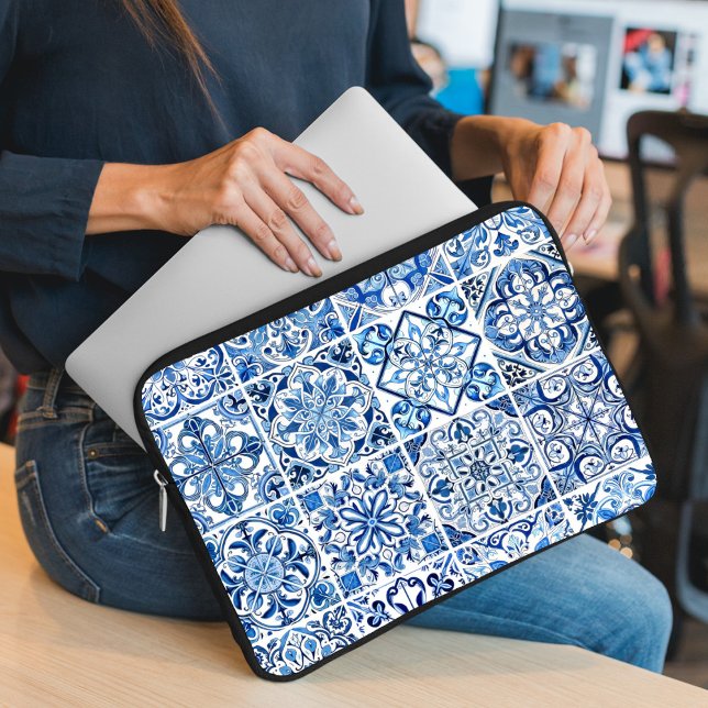 Mediterranean Tiles, Portugese, Azulejo, Majolica Laptop Sleeve (Creator Uploaded)