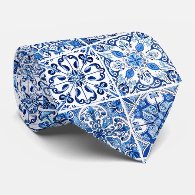 Mediterranean Tiles, Portugese, Azulejo, Majolica Tie (Rolled)
