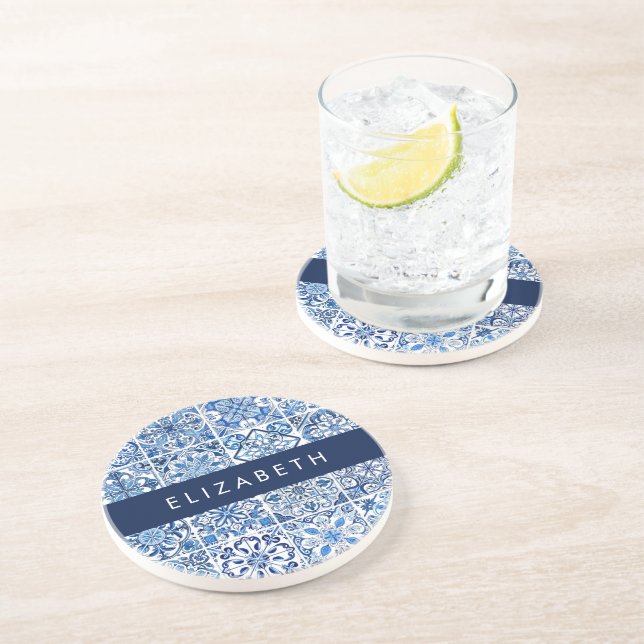 Mediterranean Tiles, Portugese, Azulejo, Your Name Coaster (Side)