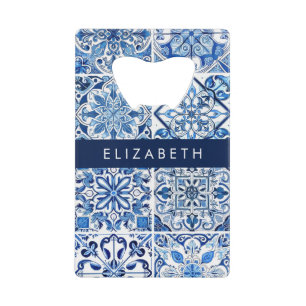 Mediterranean Tiles, Portugese, Azulejo, Your Name Credit Card Bottle Opener