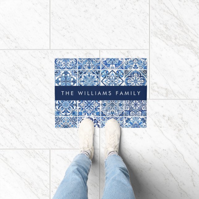 Mediterranean Tiles, Portugese, Azulejo, Your Name Doormat (Indoor)