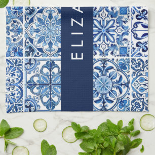 Mediterranean Tiles, Portugese, Azulejo, Your Name Kitchen Towel