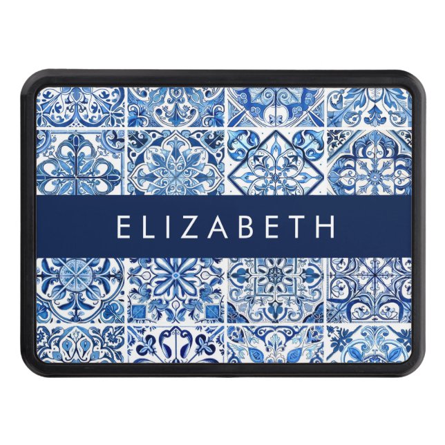 Mediterranean Tiles, Portugese, Azulejo, Your Name Trailer Hitch Cover (Front)