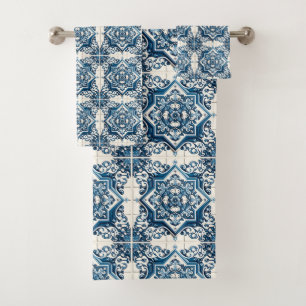Mediterranean Tiles, Portuguese, Azulejo, Majolica Bath Towel Set
