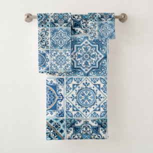 Mediterranean Tiles, Portuguese, Azulejo, Majolica Bath Towel Set