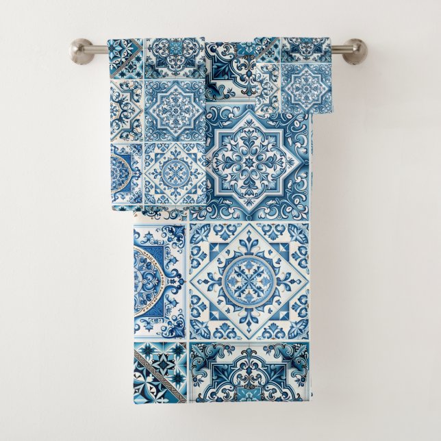 Mediterranean Tiles, Portuguese, Azulejo, Majolica Bath Towel Set (Insitu)