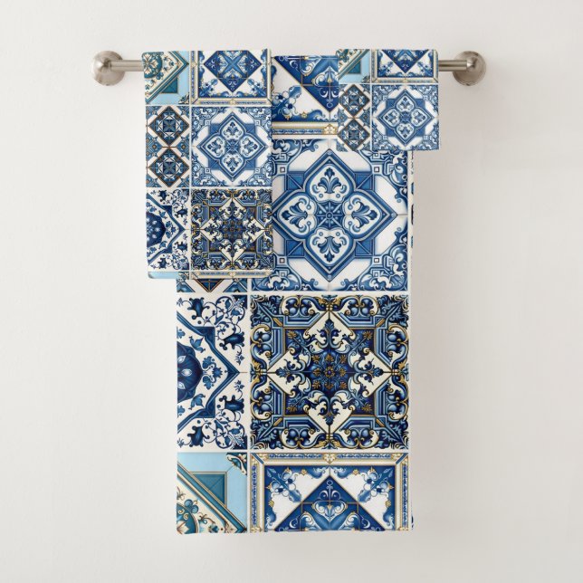 Mediterranean Tiles, Portuguese, Azulejo, Majolica Bath Towel Set (Insitu)