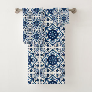 Mediterranean Tiles, Portuguese, Azulejo, Majolica Bath Towel Set