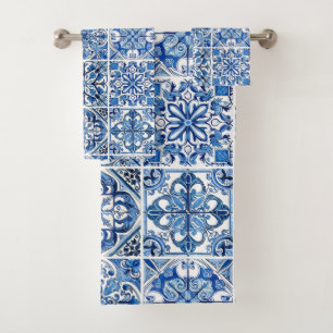Mediterranean Tiles, Portuguese, Azulejo, Majolica Bath Towel Set