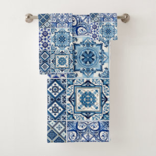 Mediterranean Tiles, Portuguese, Azulejo, Majolica Bath Towel Set