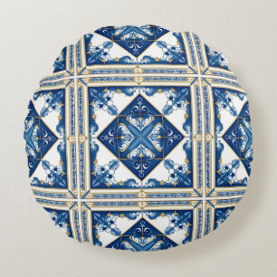 Mediterranean Tiles, Portuguese, Azulejo, Majolica Round Pillow