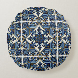 Mediterranean Tiles, Portuguese, Azulejo, Majolica Round Pillow