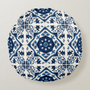 Mediterranean Tiles, Portuguese, Azulejo, Majolica Round Pillow