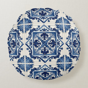 Mediterranean Tiles, Portuguese, Azulejo, Majolica Round Pillow