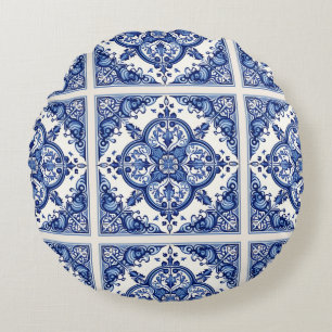 Mediterranean Tiles, Portuguese, Azulejo, Majolica Round Pillow