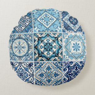 Mediterranean Tiles, Portuguese, Azulejo, Majolica Round Pillow