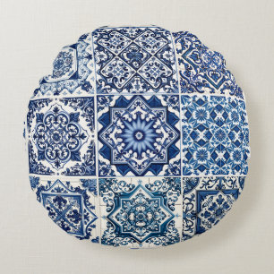 Mediterranean Tiles, Portuguese, Azulejo, Majolica Round Pillow