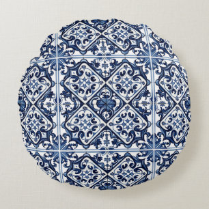 Mediterranean Tiles, Portuguese, Azulejo, Majolica Round Pillow