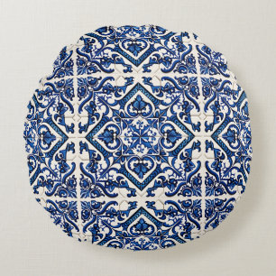 Mediterranean Tiles, Portuguese, Azulejo, Majolica Round Pillow