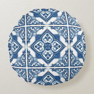 Mediterranean Tiles, Portuguese, Azulejo, Majolica Round Pillow