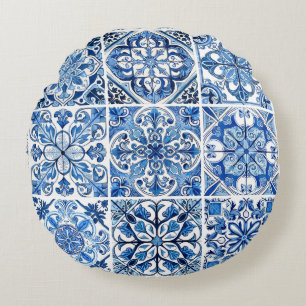 Mediterranean Tiles, Portuguese, Azulejo, Majolica Round Pillow