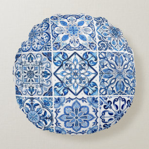 Mediterranean Tiles, Portuguese, Azulejo, Majolica Round Pillow