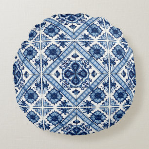 Mediterranean Tiles, Portuguese, Azulejo, Majolica Round Pillow