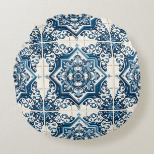 Mediterranean Tiles, Portuguese, Azulejo, Majolica Round Pillow