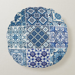 Mediterranean Tiles, Portuguese, Azulejo, Majolica Round Pillow