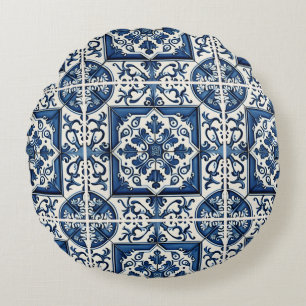 Mediterranean Tiles, Portuguese, Azulejo, Majolica Round Pillow