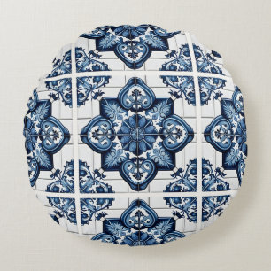 Mediterranean Tiles, Portuguese, Azulejo, Majolica Round Pillow