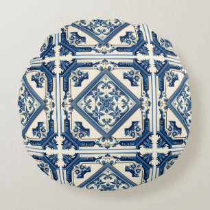 Mediterranean Tiles, Portuguese, Azulejo, Majolica Round Pillow