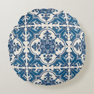 Mediterranean Tiles, Portuguese, Azulejo, Majolica Round Pillow