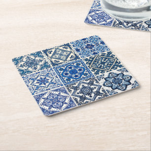 Mediterranean Tiles, Portuguese, Azulejo, Majolica Square Paper Coaster
