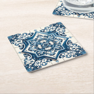 Mediterranean Tiles, Portuguese, Azulejo, Majolica Square Paper Coaster