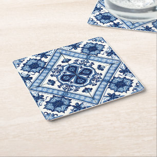 Mediterranean Tiles, Portuguese, Azulejo, Majolica Square Paper Coaster