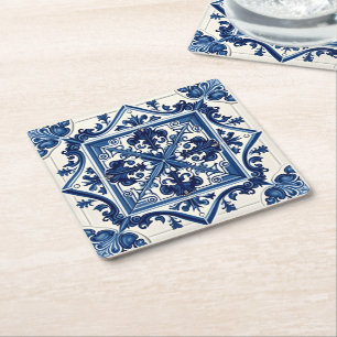 Mediterranean Tiles, Portuguese, Azulejo, Majolica Square Paper Coaster