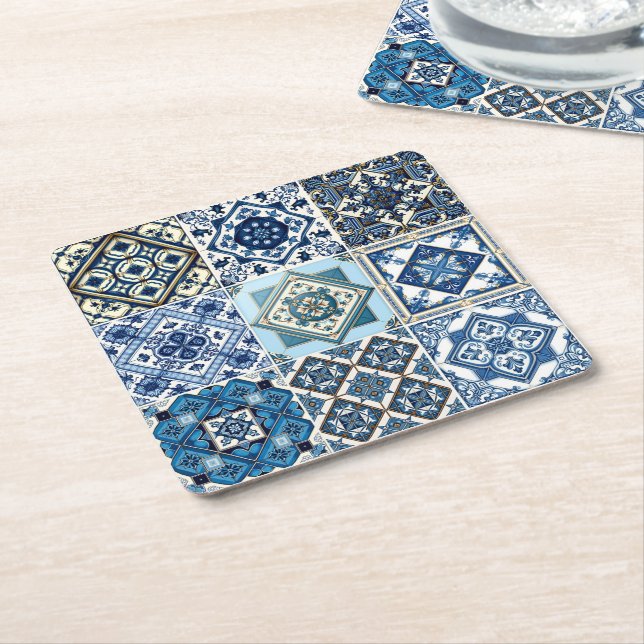 Mediterranean Tiles, Portuguese, Azulejo, Majolica Square Paper Coaster (Angled)