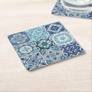 Mediterranean Tiles, Portuguese, Azulejo, Majolica Square Paper Coaster