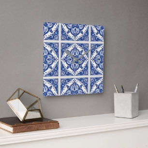 Mediterranean Tiles, Portuguese, Azulejo, Majolica Square Wall Clock