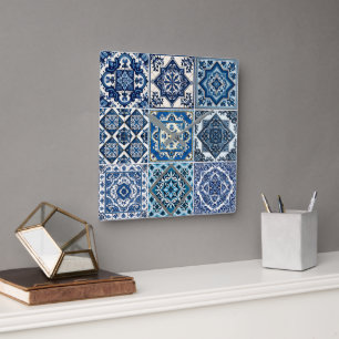 Mediterranean Tiles, Portuguese, Azulejo, Majolica Square Wall Clock