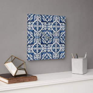 Mediterranean Tiles, Portuguese, Azulejo, Majolica Square Wall Clock