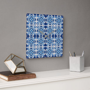 Mediterranean Tiles, Portuguese, Azulejo, Majolica Square Wall Clock