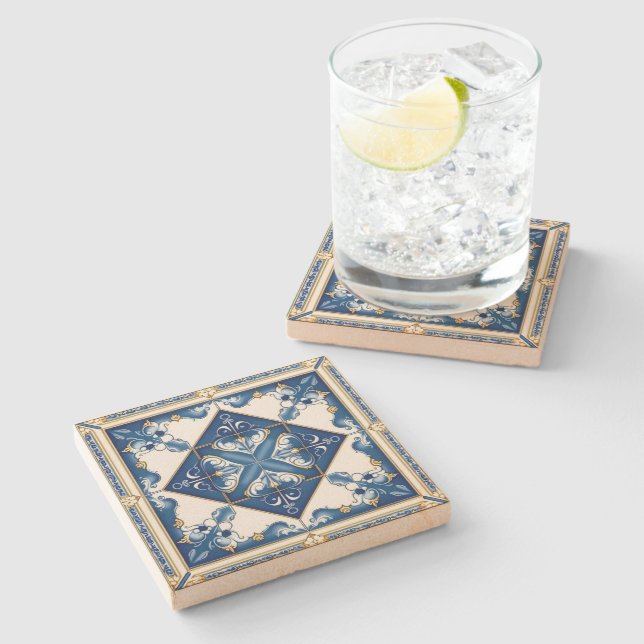 Mediterranean Tiles, Portuguese, Azulejo, Majolica Stone Coaster (Side)