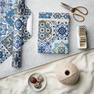 Mediterranean Tiles, Portuguese, Azulejo, Majolica Wrapping Paper